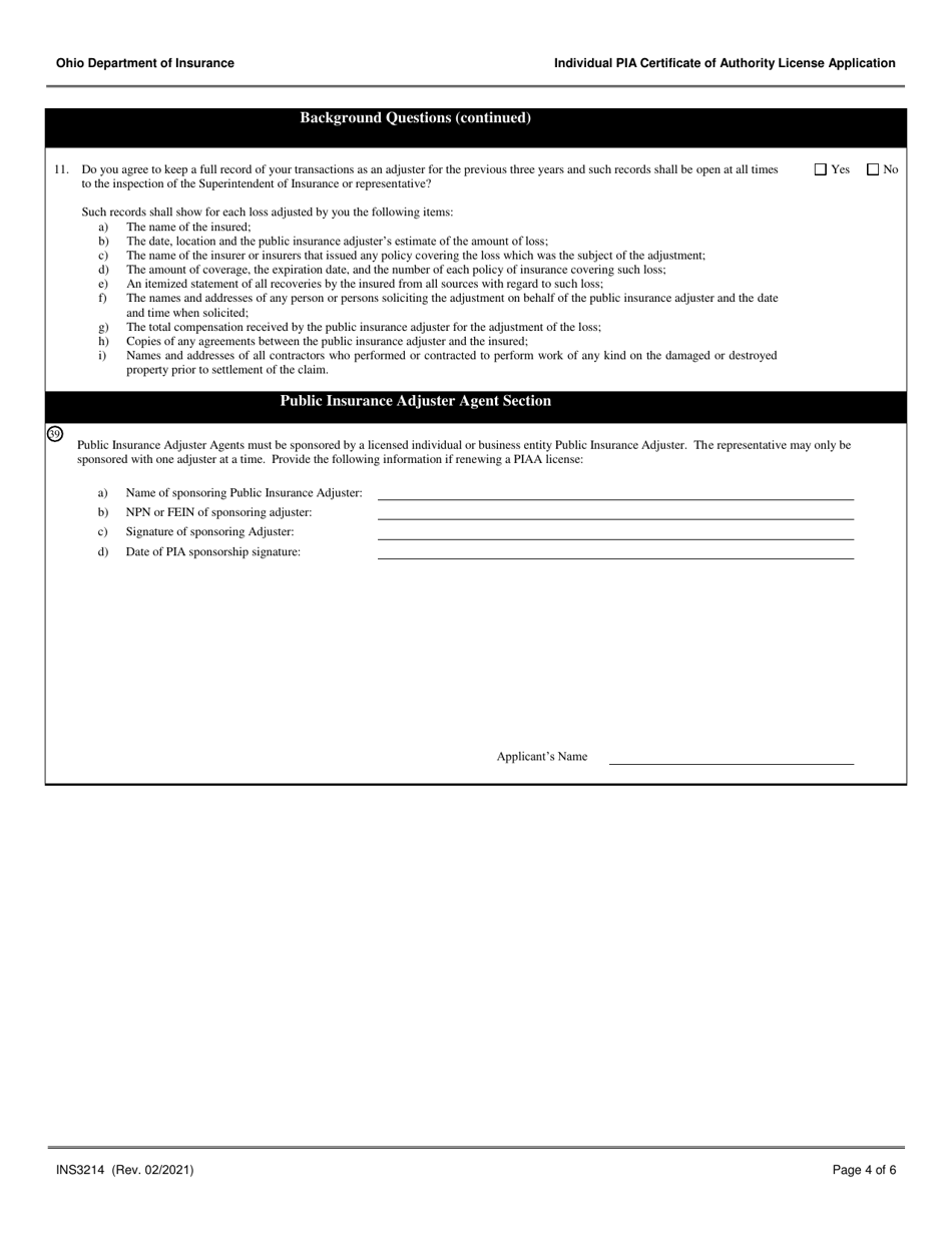 Form INS3214 Individual Public Insurance Adjuster Certificate of Authority License Application - Ohio, Page 4