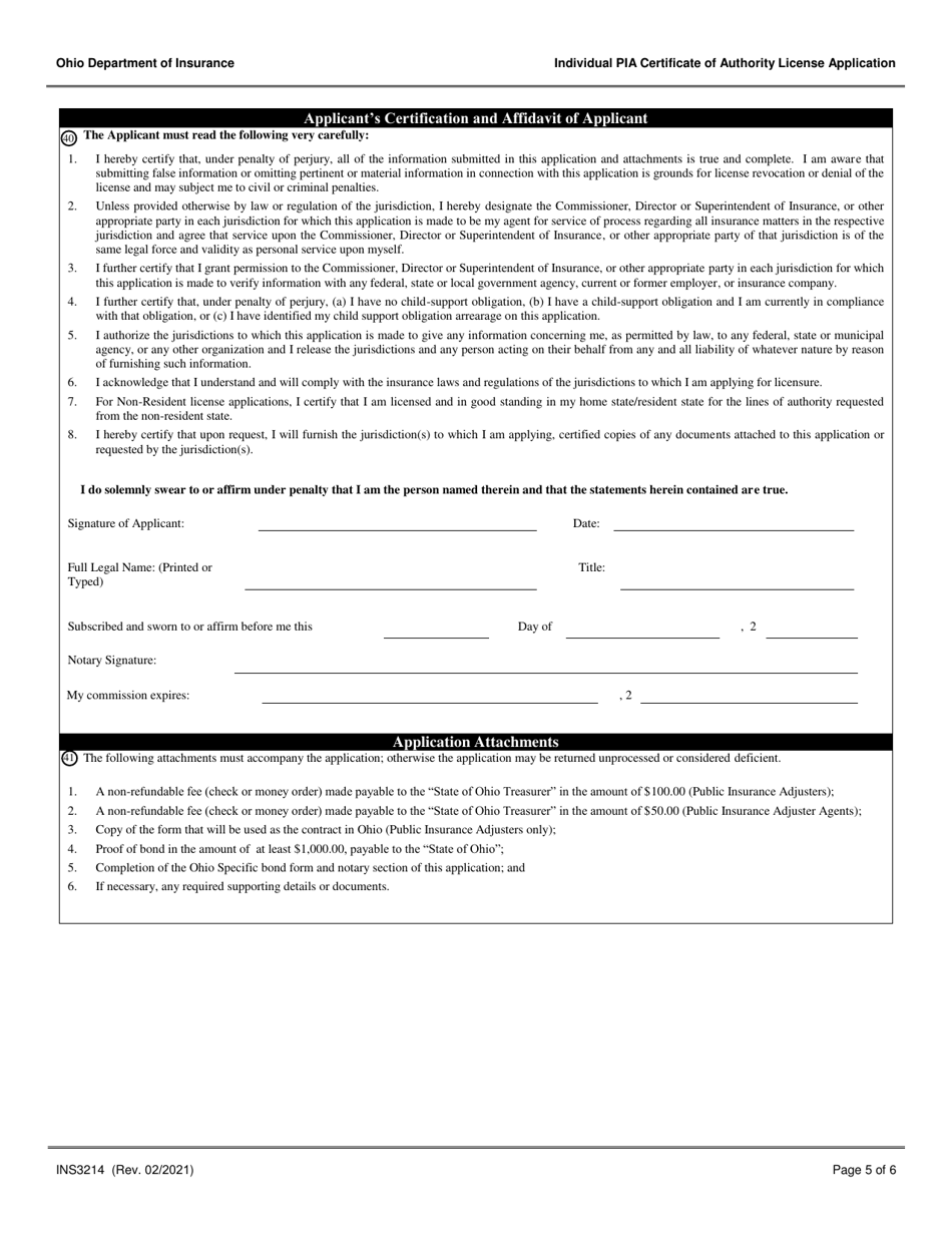 Form INS3214 Individual Public Insurance Adjuster Certificate of Authority License Application - Ohio, Page 5