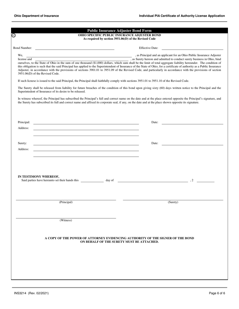 Form INS3214 Individual Public Insurance Adjuster Certificate of Authority License Application - Ohio, Page 6