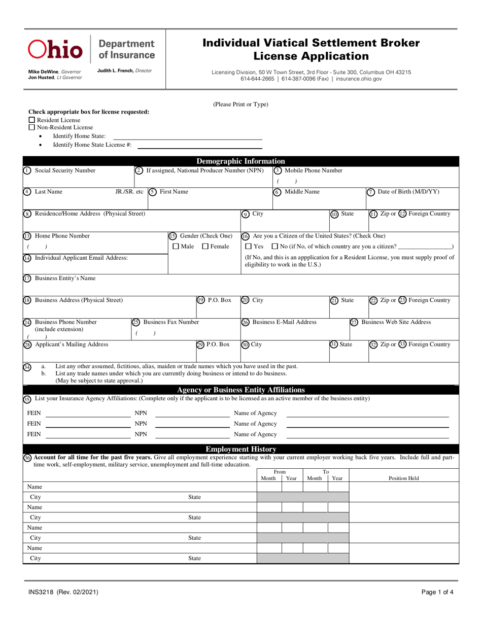 Form INS3218 Individual Viatical Settlement Broker License Application - Ohio, Page 1