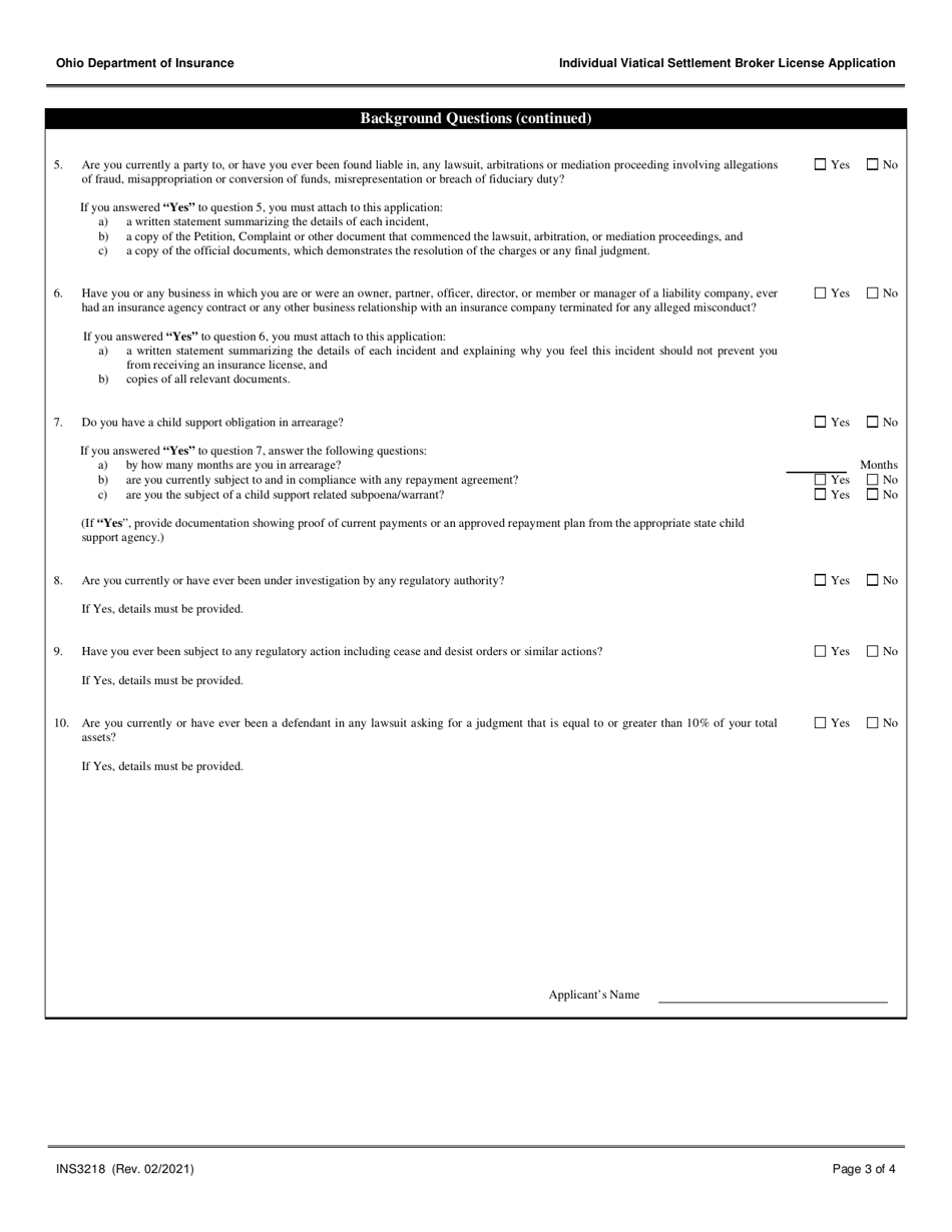 Form INS3218 Individual Viatical Settlement Broker License Application - Ohio, Page 3