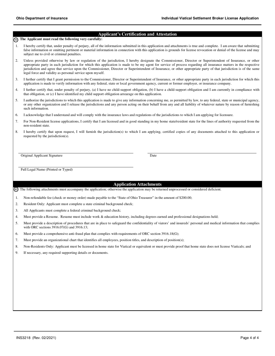 Form INS3218 Individual Viatical Settlement Broker License Application - Ohio, Page 4