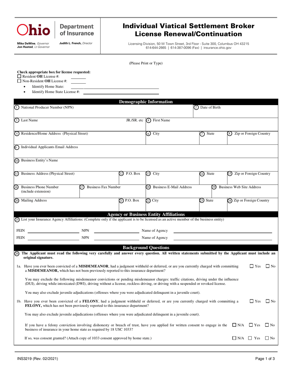 Form INS3219 Individual Viatical Settlement Broker License Renewal / Continuation - Ohio, Page 1