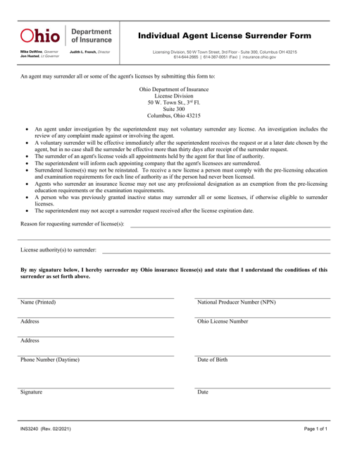 Form INS3240 Individual Agent License Surrender Form - Ohio