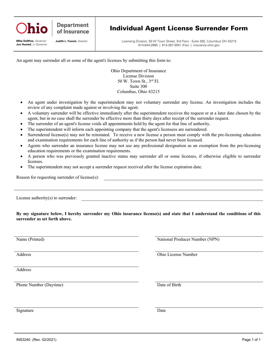 Form INS3240 Individual Agent License Surrender Form - Ohio, Page 1