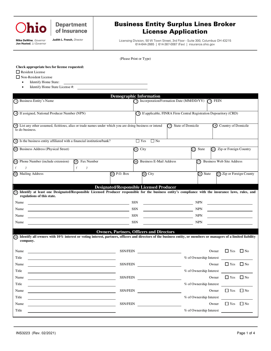 Form INS3223 Business Entity Surplus Lines Broker License Application - Ohio, Page 1