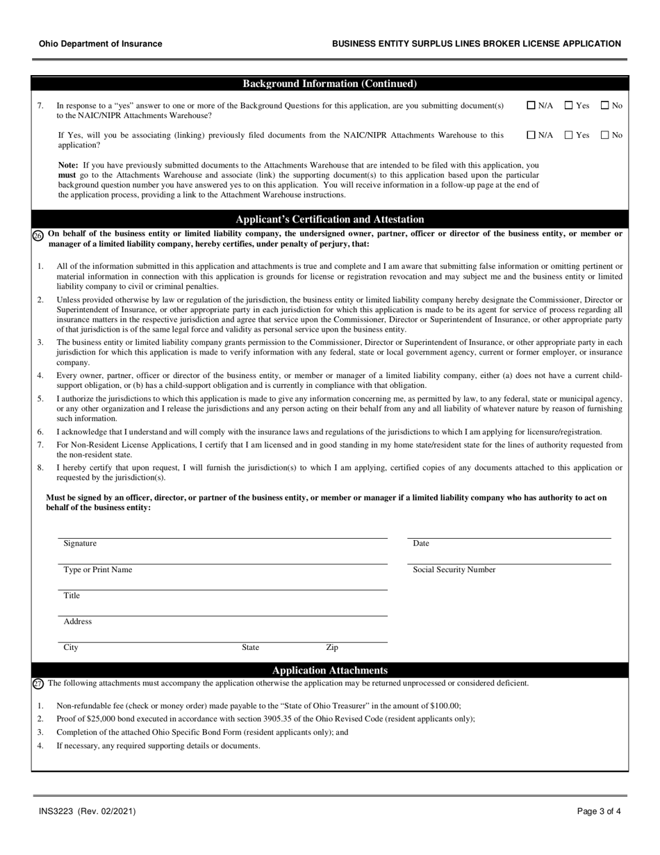 Form INS3223 Business Entity Surplus Lines Broker License Application - Ohio, Page 3