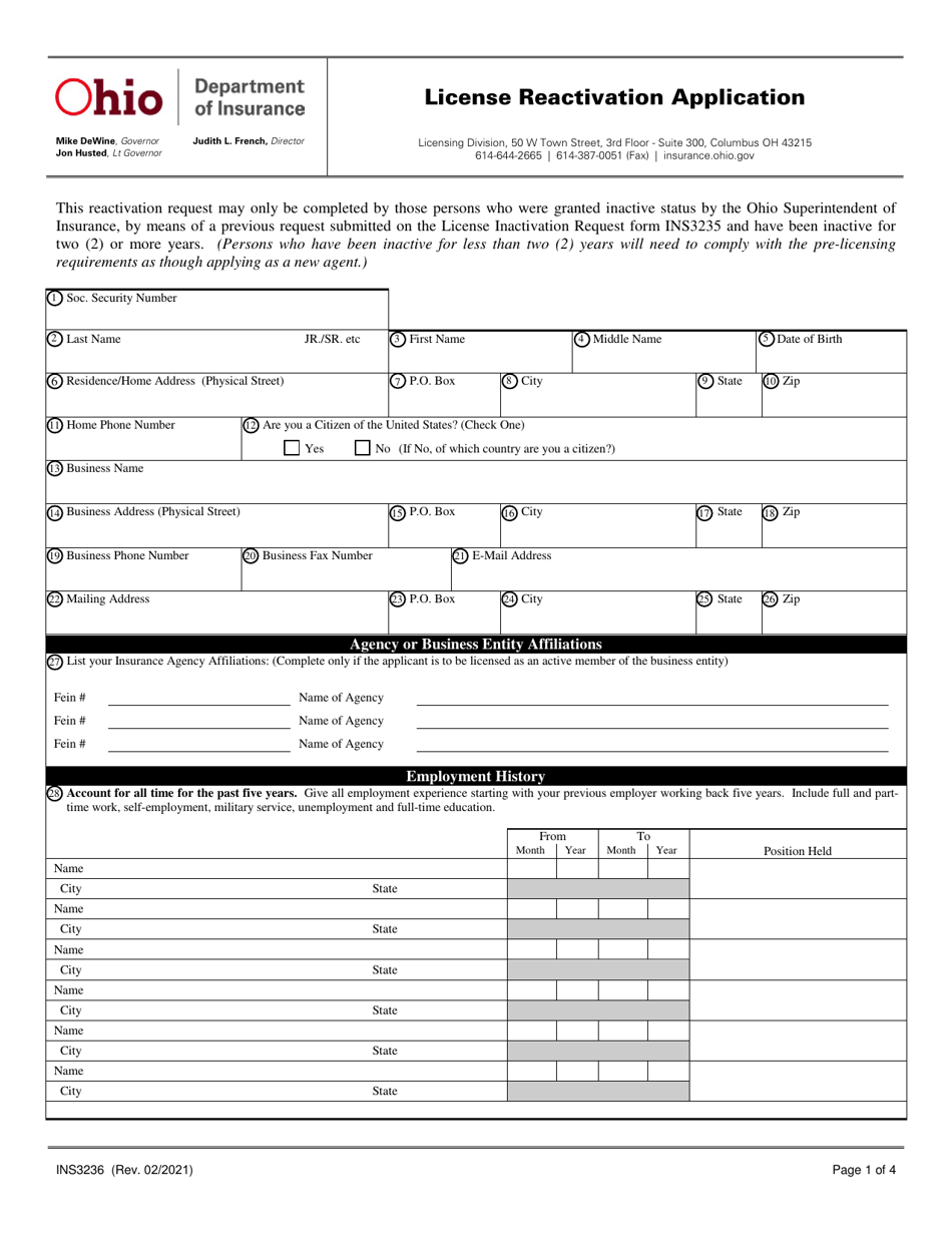 Form INS3236 License Reactivation Application - Ohio, Page 1