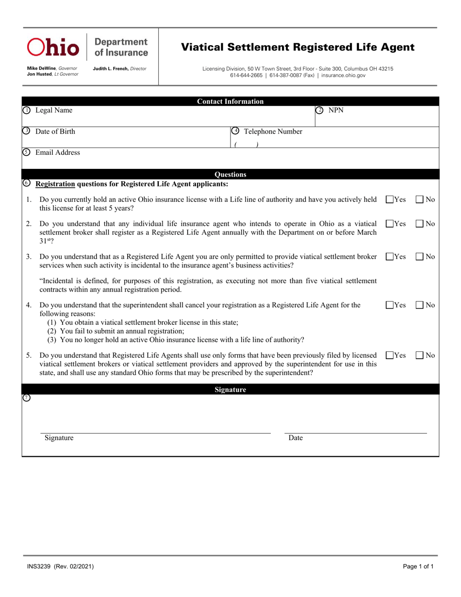 Form INS3239 Viatical Settlement Registered Life Agent - Ohio, Page 1