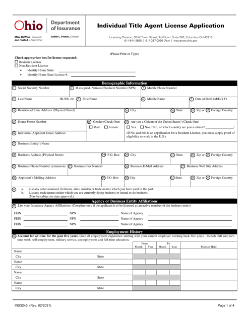 Form INS3243 Individual Title Agent License Application - Ohio