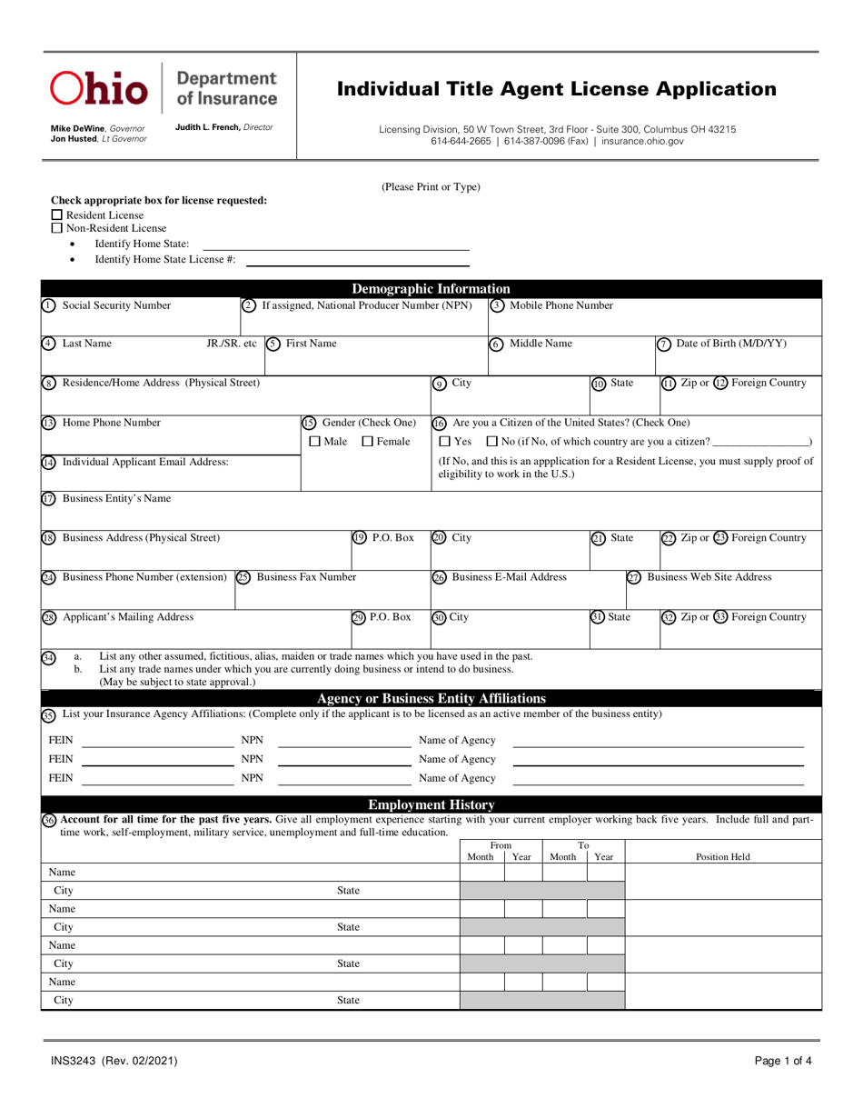 Form INS3243 Individual Title Agent License Application - Ohio, Page 1