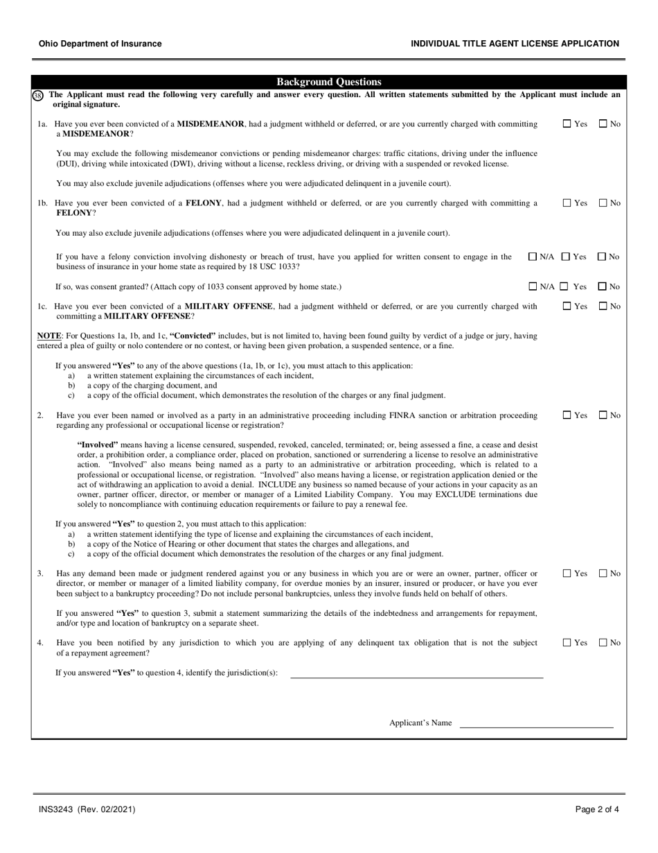 Form INS3243 Individual Title Agent License Application - Ohio, Page 2