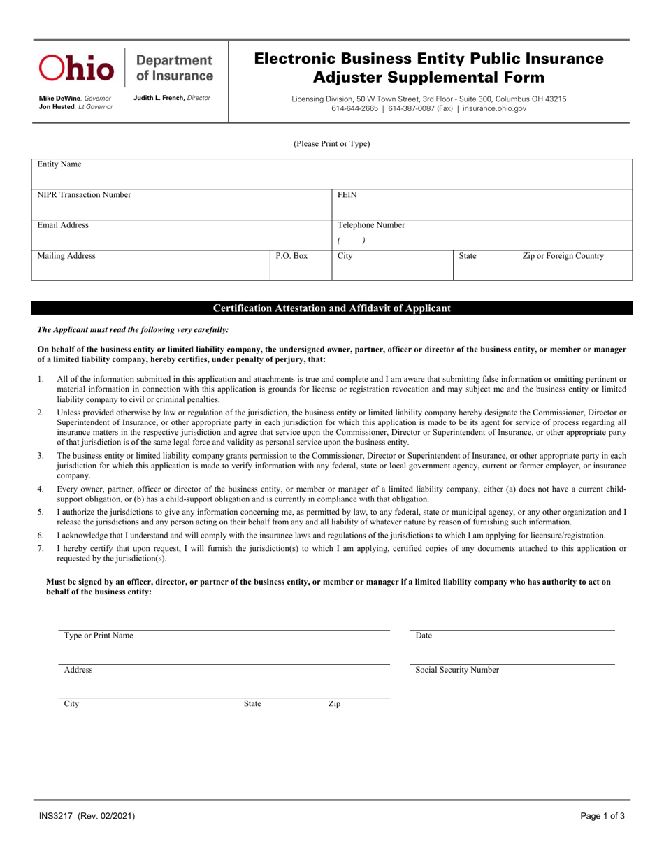 Form INS3217 Electronic Business Entity Public Insurance Adjuster Supplemental Form - Ohio, Page 1