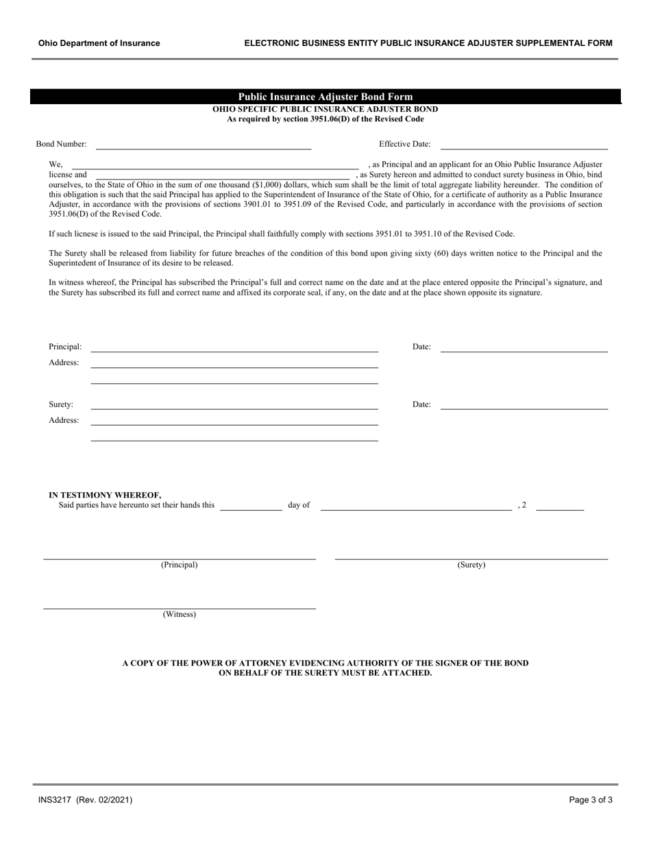 Form INS3217 Electronic Business Entity Public Insurance Adjuster Supplemental Form - Ohio, Page 3