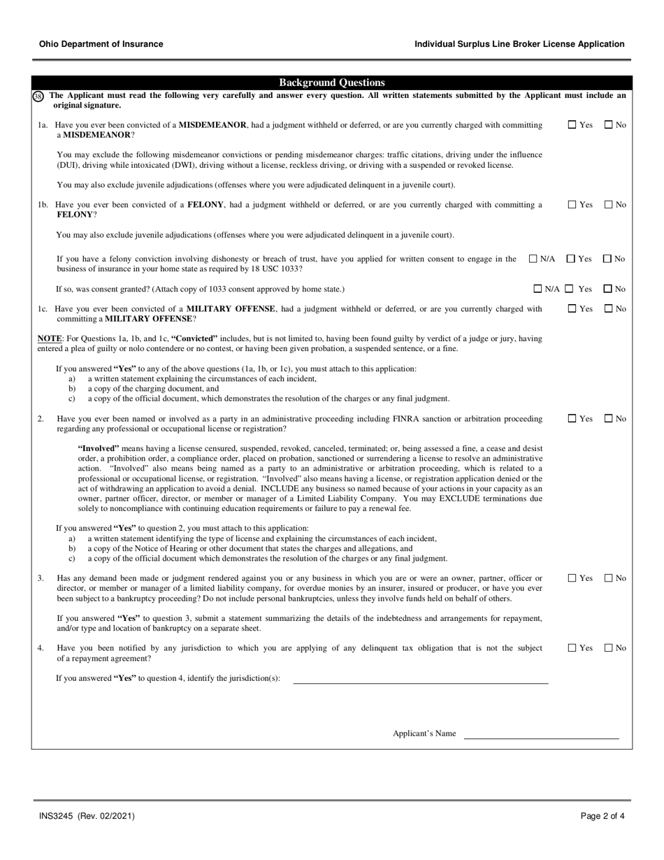 Form INS3245 Individual Surplus Line Broker License Application - Ohio, Page 2