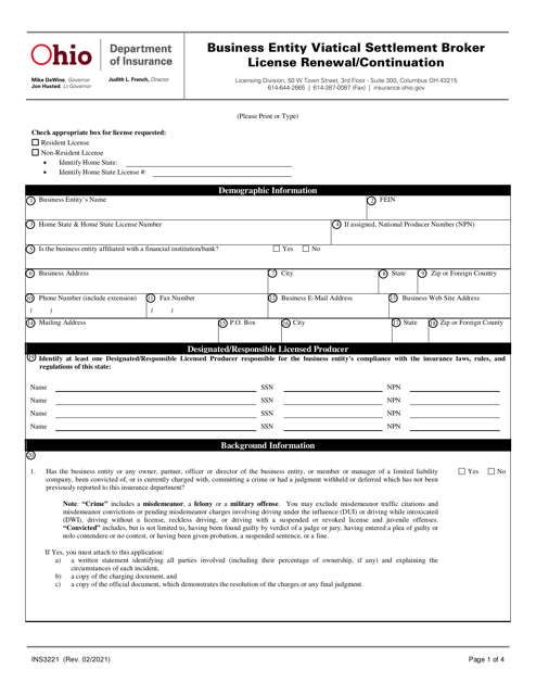 Form INS3221 Business Entity Viatical Settlement Broker License Renewal/Continuation - Ohio