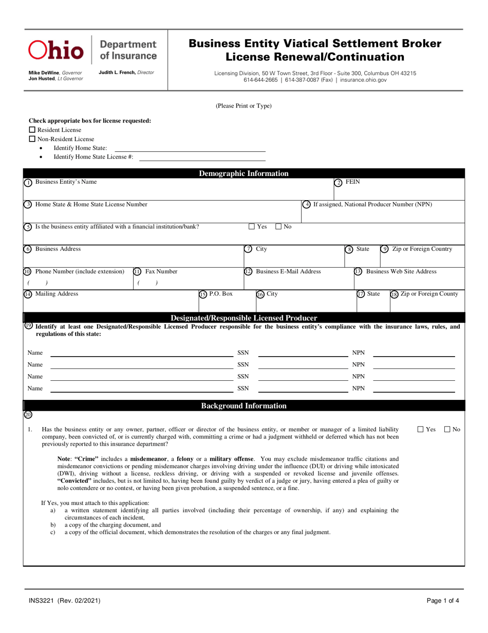 Form INS3221 Business Entity Viatical Settlement Broker License Renewal / Continuation - Ohio, Page 1