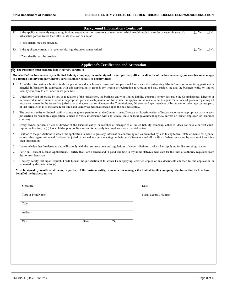 Form INS3221 Business Entity Viatical Settlement Broker License Renewal / Continuation - Ohio, Page 3