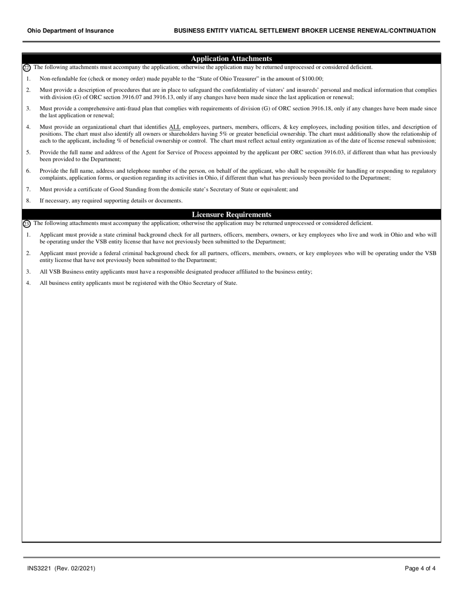 Form INS3221 Business Entity Viatical Settlement Broker License Renewal / Continuation - Ohio, Page 4