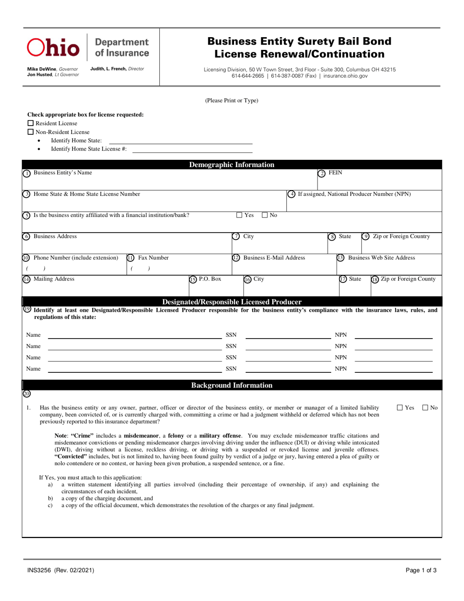 Form INS3256 Business Entity Surety Bail Bond License Renewal / Continuation - Ohio, Page 1