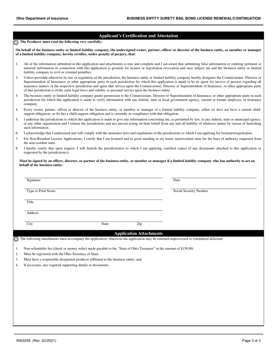 Form INS3256 Business Entity Surety Bail Bond License Renewal / Continuation - Ohio, Page 3