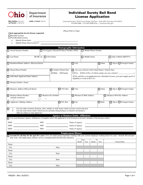 Form INS3251 Individual Surety Bail Bond License Application - Ohio