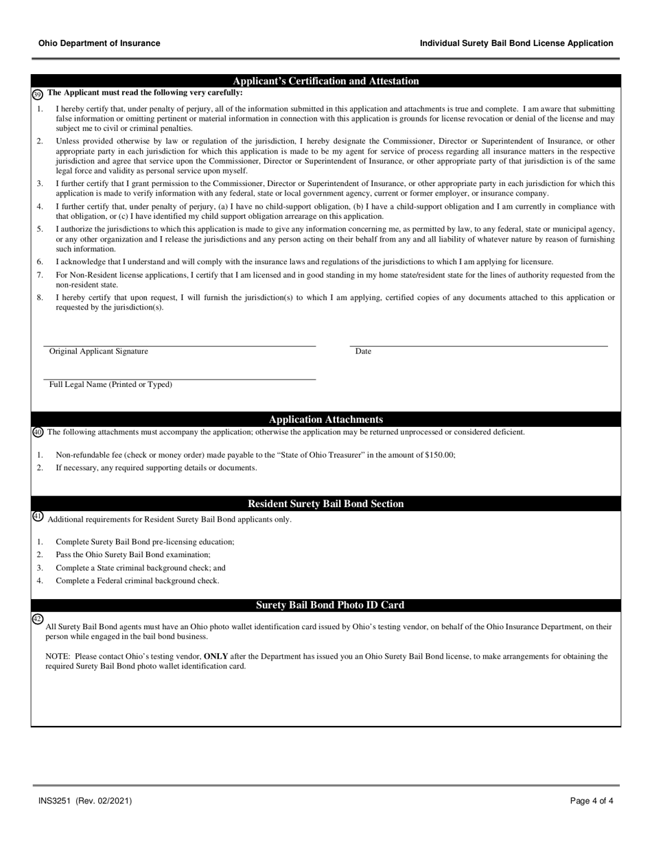 Form INS3251 Individual Surety Bail Bond License Application - Ohio, Page 4
