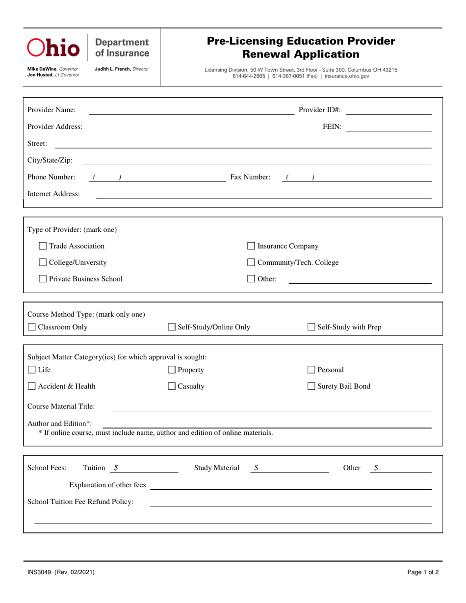 Form INS3049 Pre-licensing Education Provider Renewal Application - Ohio, Page 1