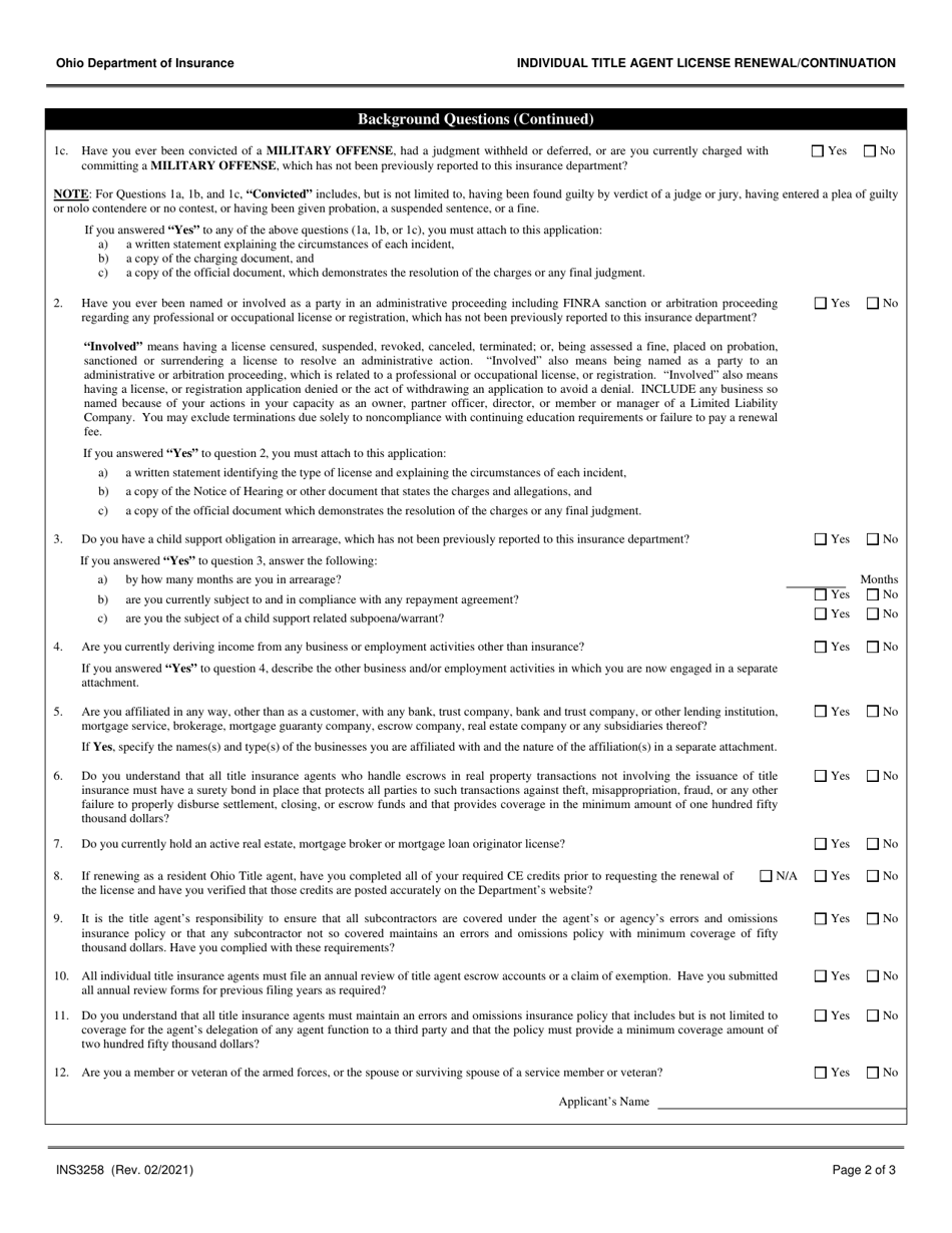 Form INS3258 Individual Title Agent License Renewal / Continuation - Ohio, Page 2
