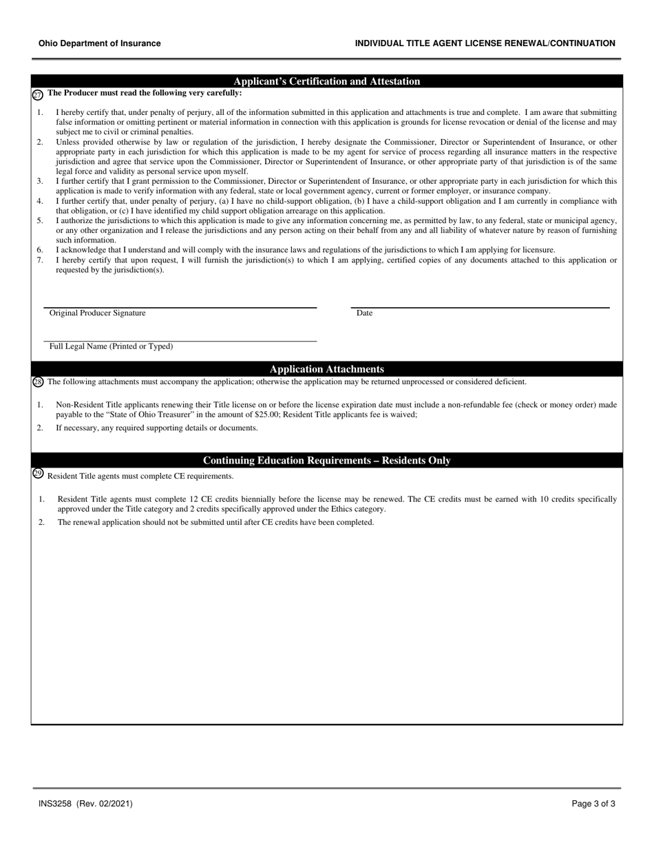 Form INS3258 Individual Title Agent License Renewal / Continuation - Ohio, Page 3