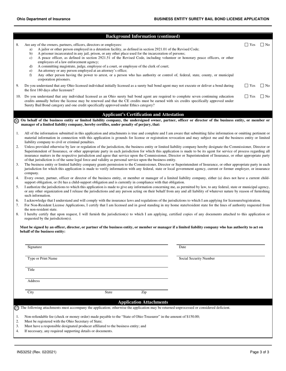 Form INS3252 Business Entity Surety Bail Bond License Application - Ohio, Page 3