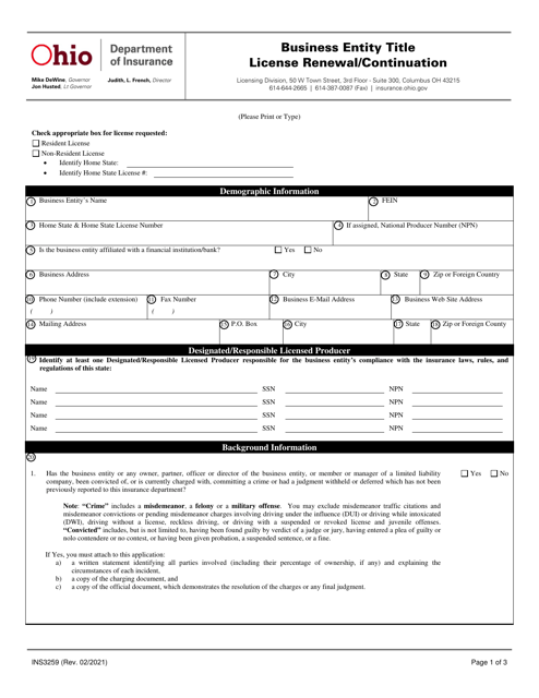 Form INS3259 Business Entity Title License Renewal/Continuation - Ohio