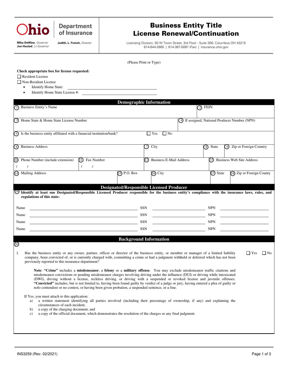 Form INS3259 Business Entity Title License Renewal / Continuation - Ohio, Page 1