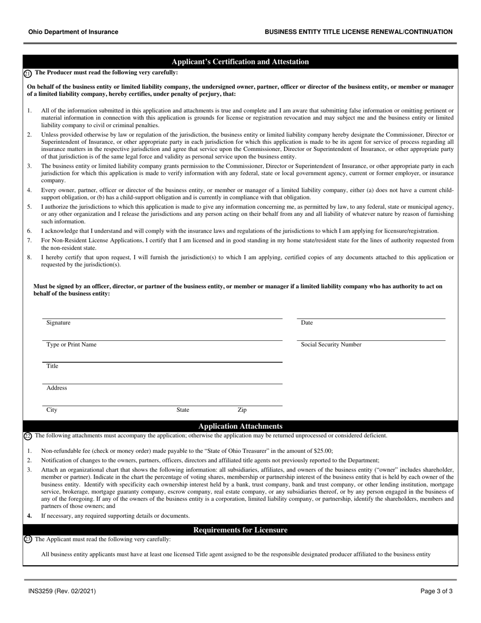 Form INS3259 Business Entity Title License Renewal / Continuation - Ohio, Page 3
