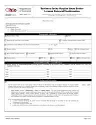 Form INS3272 Business Entity Surplus Lines Broker License Renewal/Continuation - Ohio