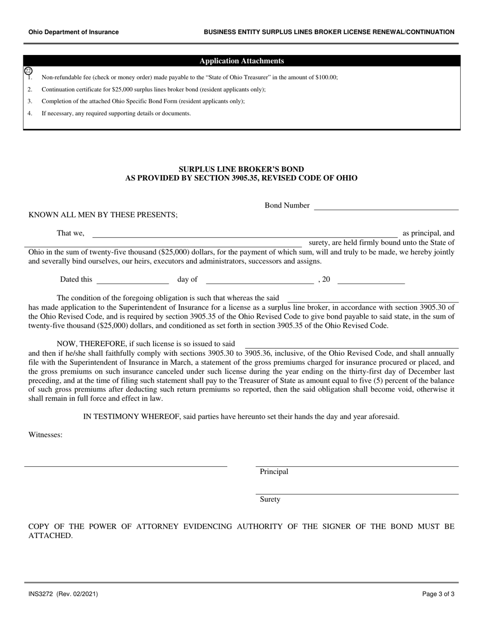 Form INS3272 Business Entity Surplus Lines Broker License Renewal / Continuation - Ohio, Page 3
