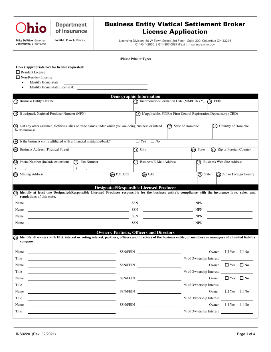 Form INS3220 Business Entity Viatical Settlement Broker License Application - Ohio, Page 1