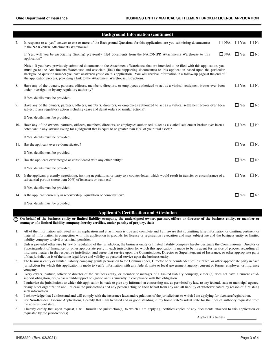 Form INS3220 Business Entity Viatical Settlement Broker License Application - Ohio, Page 3