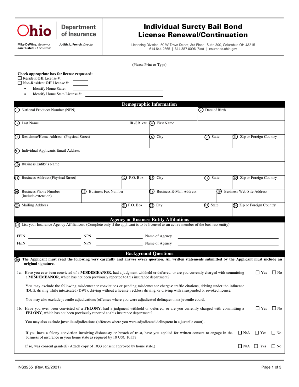 Form INS3255 Individual Surety Bail Bond License Renewal / Continuation - Ohio, Page 1