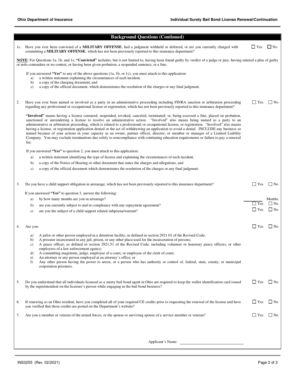 Form INS3255 Individual Surety Bail Bond License Renewal / Continuation - Ohio, Page 2
