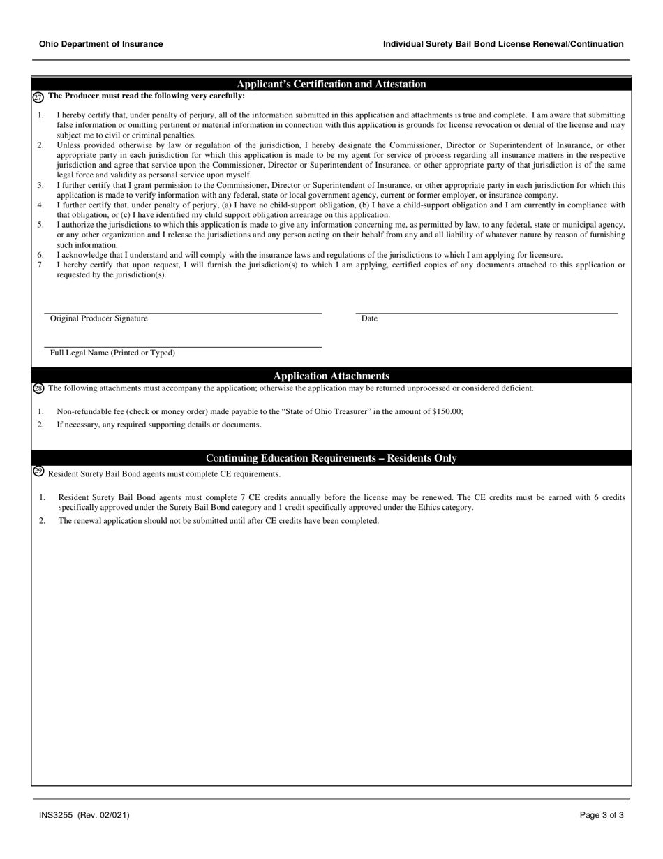 Form INS3255 Individual Surety Bail Bond License Renewal / Continuation - Ohio, Page 3
