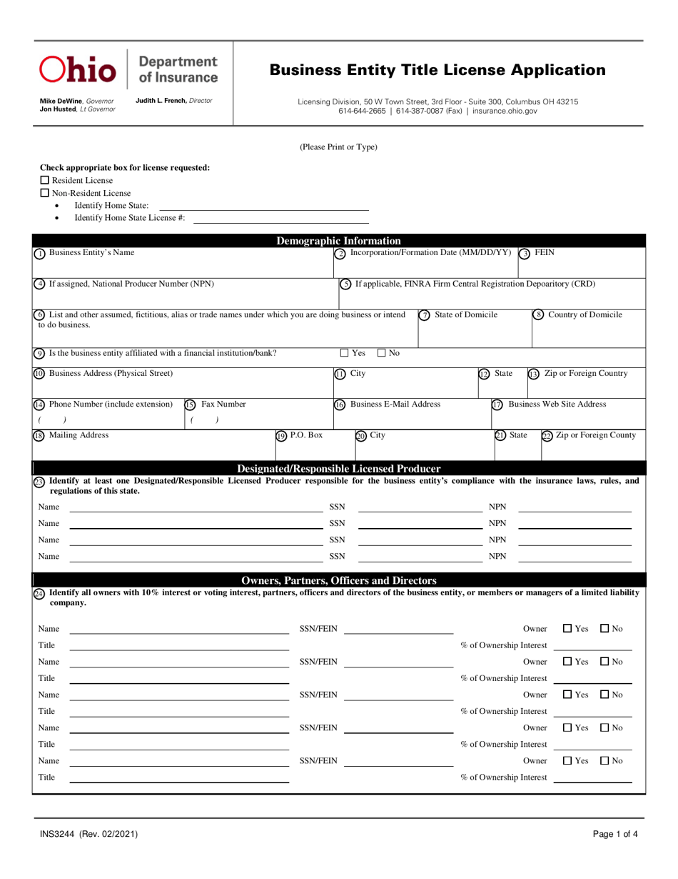Form INS3244 Business Entity Title License Application - Ohio, Page 1