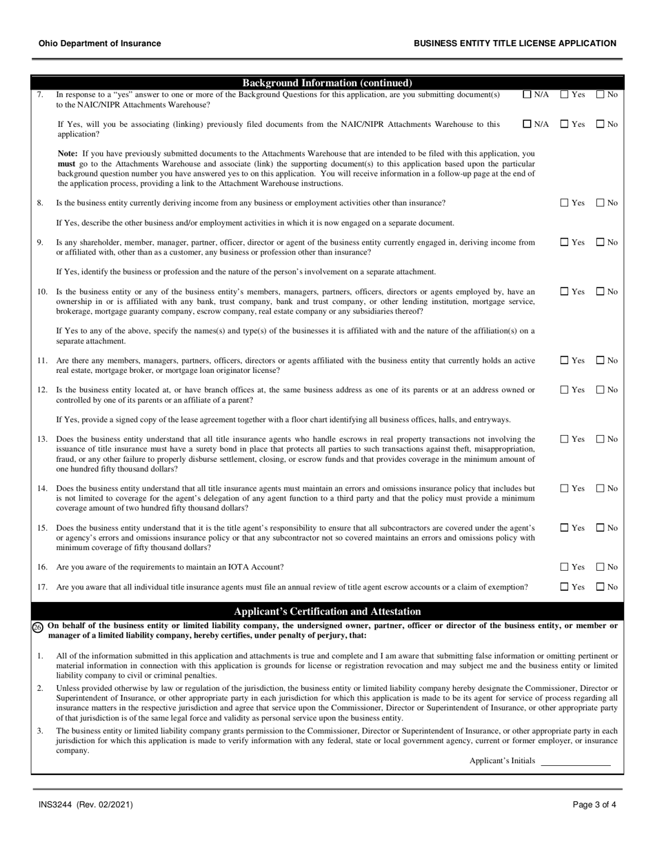 Form INS3244 Business Entity Title License Application - Ohio, Page 3