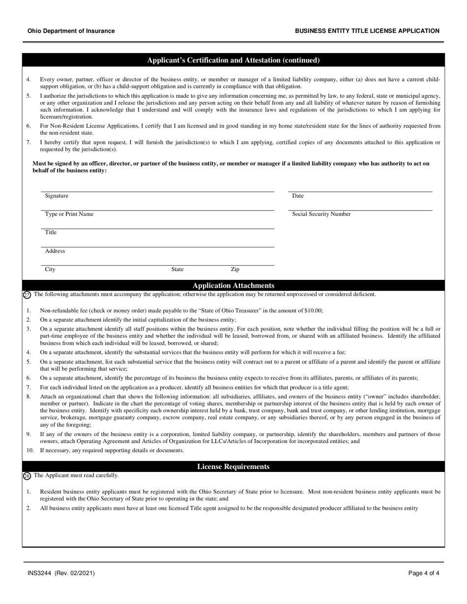 Form INS3244 Business Entity Title License Application - Ohio, Page 4