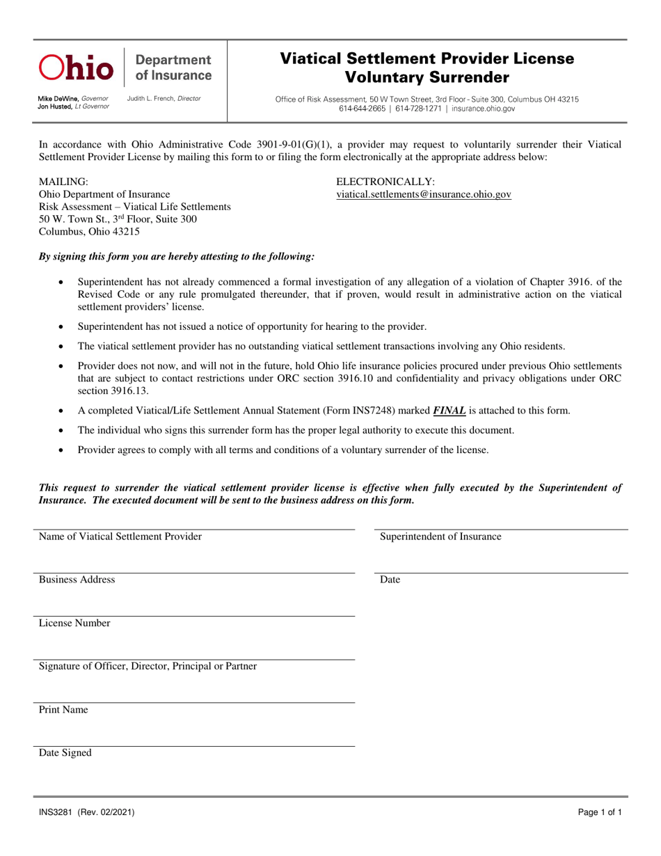 Form INS3281 Viatical Settlement Provider License Voluntary Surrender - Ohio, Page 1