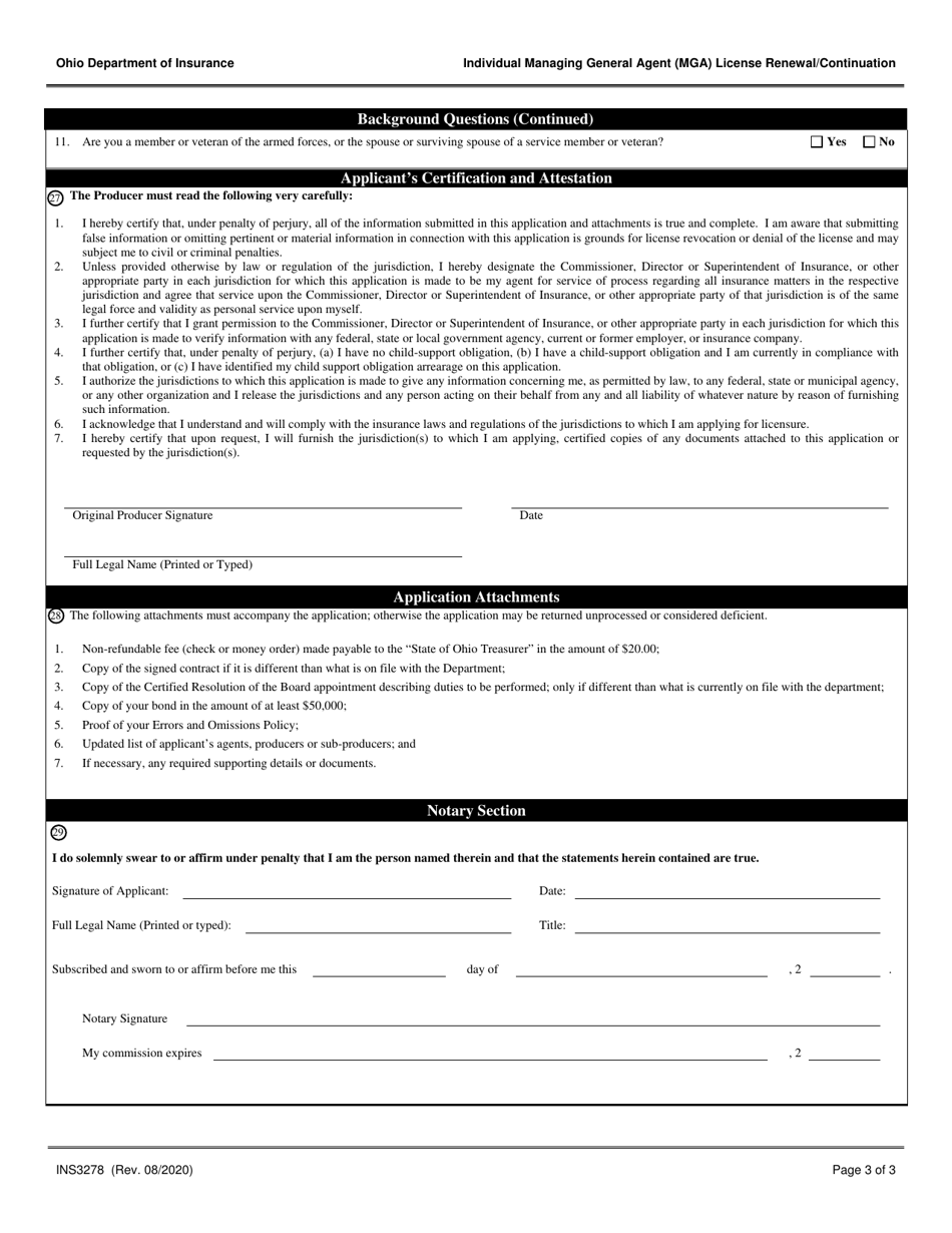 Form INS3278 Individual Managing General Agent (Mga) License Renewal / Continuation - Ohio, Page 3