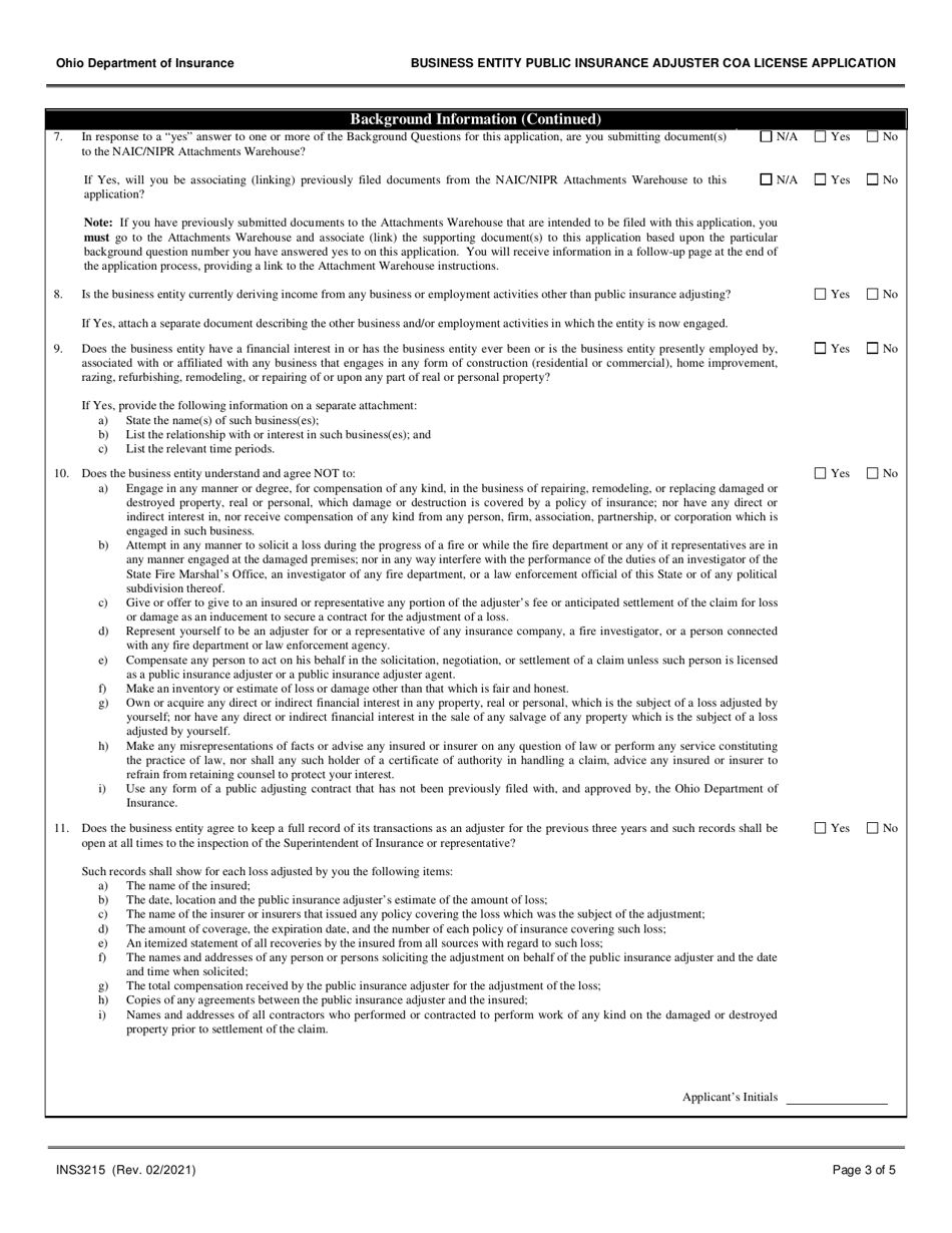 Form INS3215 Download Fillable PDF or Fill Online Business Entity ...