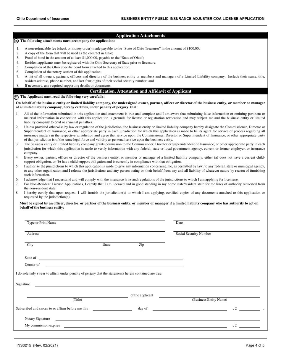 Form INS3215 Download Fillable PDF or Fill Online Business Entity