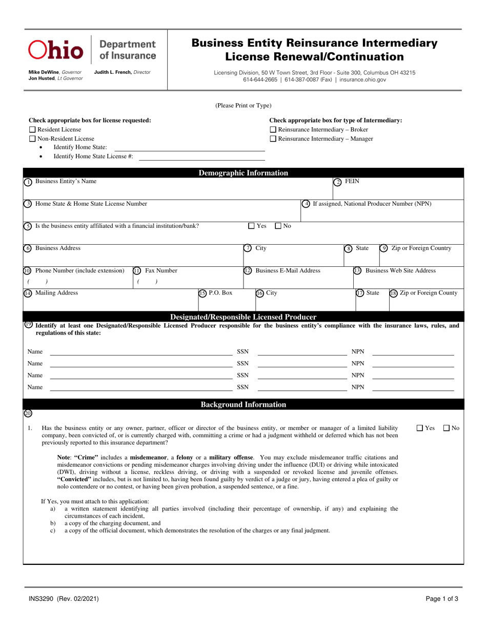 Form INS3290 Business Entity Reinsurance Intermediary License Renewal / Continuation - Ohio, Page 1