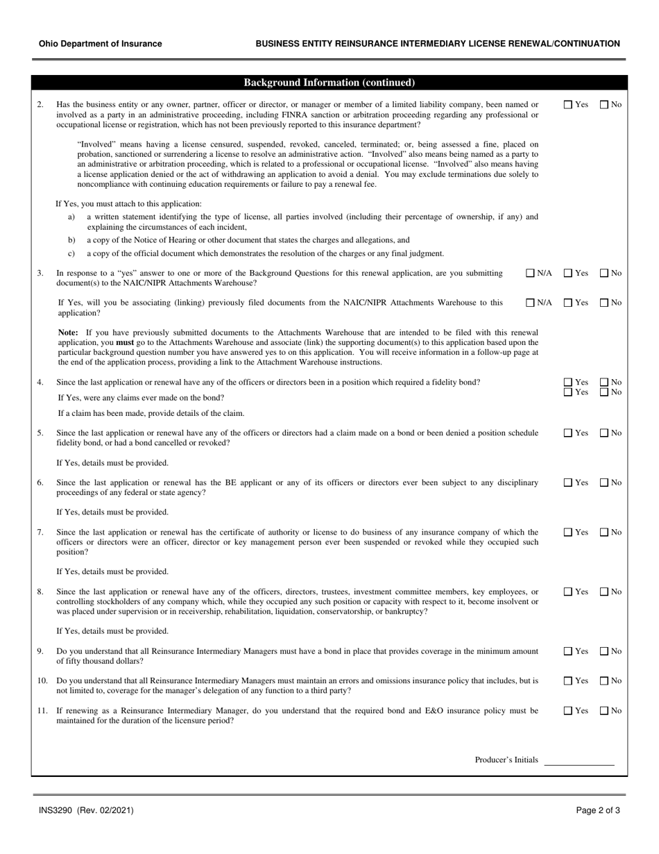 Form INS3290 Business Entity Reinsurance Intermediary License Renewal / Continuation - Ohio, Page 2
